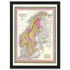 1850 Mitchell Map Sweden And Norway Vintage Framed A3 Wall Art Print