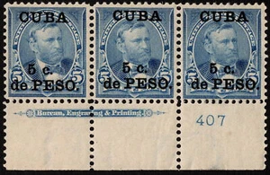 US Possessions / Spanish West Indies Scott # 225 - 5 Cents Blue Plate Strip of 3 - Picture 1 of 1