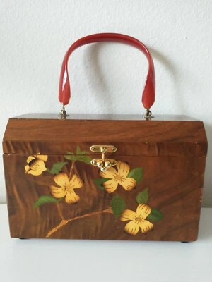 Vintage Decoupage Wooden Chest Box Purse Floral Lucite Handle Felt Lining Mirror - Image 1 of 4