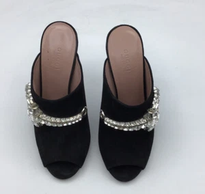 Original Crystal Covered Horsebit Suede Gucci Heels Black Sandal 388731  - Bild 1 von 4