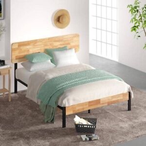 Metal and Wood Platform Bed Frame with Wood Slat Support Queen