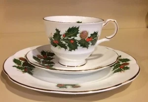 Royal Crest Holly Tea Cup Saucer and Plate Trio - Picture 1 of 12