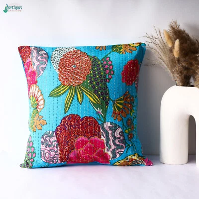 PILLOW CASE KANTHA WORK FLORAL ETHNIC THROW DECOR ART INDIAN CUSHION COVER - Image 1 of 4