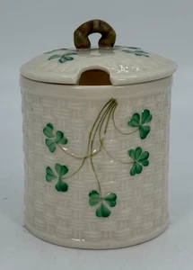 DE COLECCIÓN BELLEEK TRÉBOL TEJIDO DE CESTA TARRO DE MERMELADA Y TAPA MARCA NEGRA - Imagen 1 de 14