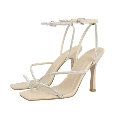 Sandalias de tacón alto con hebilla de cristal estrás brillo punta cuadrada para mujer US13 Foto 1 de 4