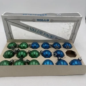 Vintage Holly Christmas Tree Ornaments 17 Green Blue Round Glass Ball 1 3/4" Box - Picture 1 of 12