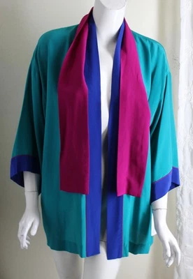 NWT Ellen Tracy Vtg Sz 14 L XL Silk Turquoise PINK Kimono Jacket Art-to-Wear - Image 1 of 4