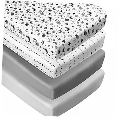 4 Pack Neutral Unisex Fitted Baby Crib Sheets Set for Baby Boys Star and Moon - Image 1 of 4