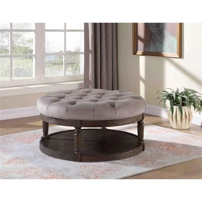 Pemberly Row Linen Fabric Upholstered Round Ottoman in Otter/Smoked Rustic Gray - Image 1 of 2