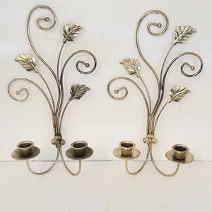 Vintage 2 Brass Scrollwork with Leaf Accents Double Taper Candle Wall Sconce - Picture 1 of 10