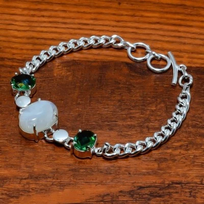 Rainbow Moonstone &Tourmaline 925 Sterling Silver Chain Bracelet Gift For Father - Image 1 of 4