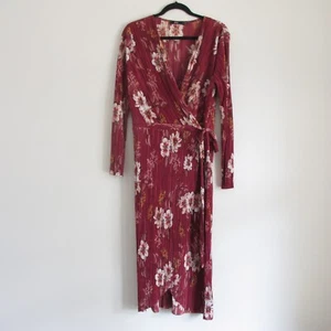 SPORTSGIRL Women Dress Size L/14 Red floral wrap midi, crinkle pleated, long slv - Picture 1 of 17