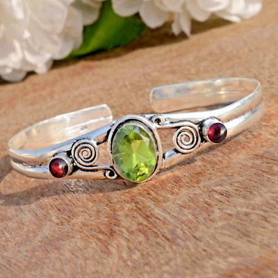 Green Peridot Cut & Garnet Gemstone 925 Sterling Silver Men's Gift Bangle Cuff - Image 1 of 4