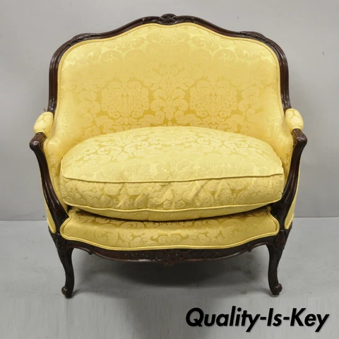 French Louis XV Style Gold Upholstered Wide Seat Lounge Chair Settee Bergere Cover