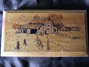 Wood burning pyrography handcrafted freehand Handmade Rustic Barn/Country Scene - Picture 1 of 3