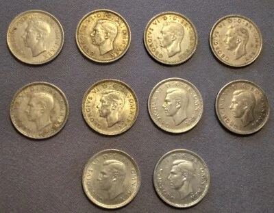 1937, 1938, 1939, 1940, 1941, 1942, 1943, 1944, 1945, 1946 GB Sixpence. - Image 1 of 2