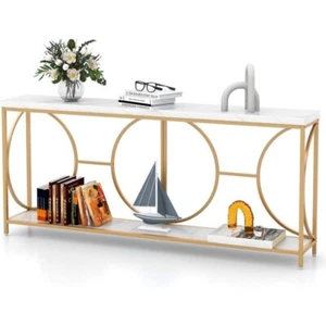 180cm White Marble Console Table with Gold Frame – 2-Tier Hallway Shelf - Picture 1 of 12