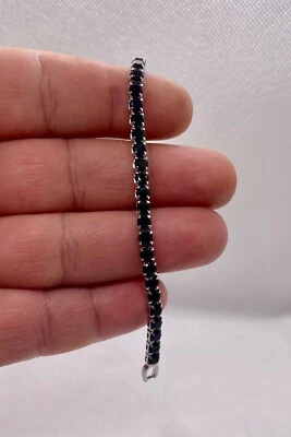 Tennis bracelet simulated black onyx stones 925 sterling silver 8" - Image 1 of 4