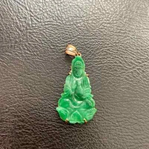 14K Massiv Gold Geschnitzt Guanyin Kwan Yin Buddha Grün Jade Anhänger - - Bild 1 von 8