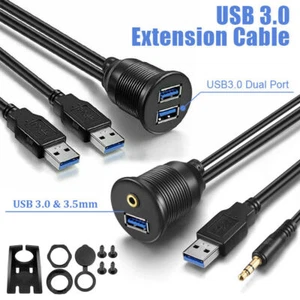 Dual USB 3.0 & 3.5mm Car Boat Truck Dash Panel Flush Mount Cable AUX Extension - Picture 1 of 13