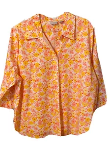 KIM ROGERS Orange Floral Button Up Long Sleeve Cotton Shirt Blouse Sz 2X. T25 - Picture 1 of 5