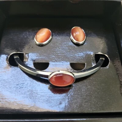 Stainless Steel Hinged Bracelet and Matching Pierced Earrings Glass Stone  - Image 1 of 4