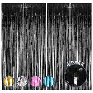 4 Pack 3.2x8.2ft Black Foil Fringe Curtain Metallic Tinsel Photo Backdrop - Picture 1 of 7