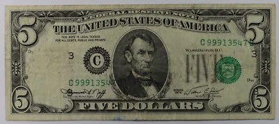 SERIES 1974 $5.00 FRN Note Error Extreme Print Shift Error - Image 1 of 2