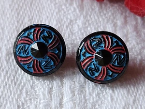 Duo Mini Antique Buttons In Black Glass Painted Blue 1 Cm G11B - Picture 1 of 4