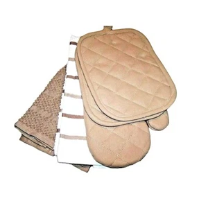 Brown Tan White Kitchen Towels Oven Mitt Potholders Cotton Solid Stripe 5-Piece - Picture 1 of 2
