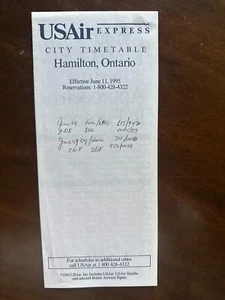 USAir Express City Timetable Hamilton Ontario June 11, 1995 - Picture 1 of 1