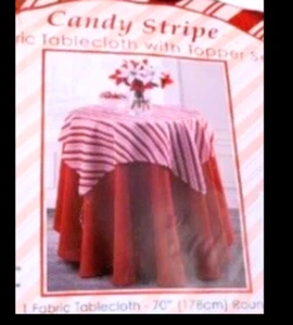 Christmas Red Tablecloth 70 in. Round with Candy Cane Stripe Topper 36 in. - Picture 1 of 3