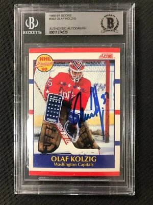 Tarjeta de novato Olaf Kolzig 1990 Score firmada automática BGS losa capitales autografiada Foto 1 de 2