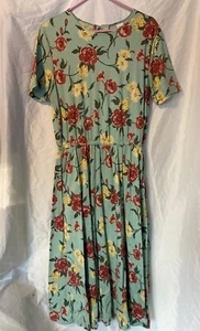 Lands End large L 14-16 Vintage Short Sleeve modest Green Floral Dress Pockets - Picture 1 of 15