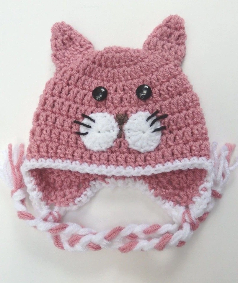 CROCHET KITTY CAT BABY HAT knit infant toddler child adult beanie cap photo prop - Image 1 of 1