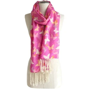 Feiner Merinowolle Schal/Tuch, 74"Lx24"B, 4" Fransen, Schmetterling, rosa/lila/braun - Bild 1 von 10