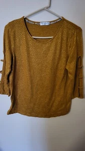 Retrology M Sweater Top Gold Dot on Tust Accent Sleeve Cuts 26 L 23 Across Fron - Picture 1 of 23