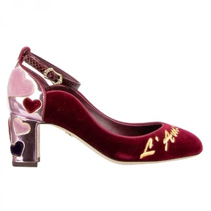 Dolce & Gabbana Velvet Ankle Straps Hearts Court Shoes Vally L'Amore Red Pink - Picture 1 of 7