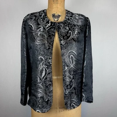 Chico’s Metallic Paisley Open Front Jacket Beaded Neck Black Silver sz 2 L - Image 1 of 4