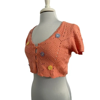 Womens M Cottagecore Floral Daisy Crochet Knit Crop Cardigan Sweater Boho Preppy - Image 1 of 4