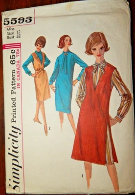 Simplicity 5593 Dress Jumper Sewing Pattern Misses 12 One piece VTG Sleeveless - Image 1 of 3
