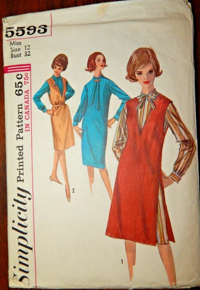 Simplicity 5593 Dress Jumper Sewing Pattern Misses 12 One piece VTG Sleeveless - Image 1 of 3