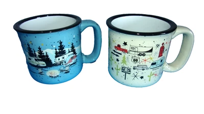 Juego de (2) tazas de cerámica informales para campamento RV camping, (1) azul y (1) color crema Foto 1 de 4