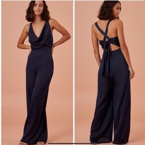 Finders Keepers Gabriella Hammered Satin Wide Leg Jumpsuit Navy Size 8 - Picture 1 of 8