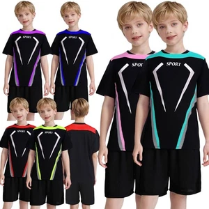Kids Boys Outfit Sports Set Color Block Suit With Shorts Round Neck Athletic - Picture 1 of 39
