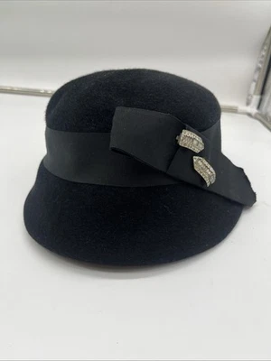 Vintage Neumann Endler Black Wool Hat ribbon, rhinestones - Image 1 of 4