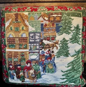 Vintage Nadelspitze Weihnachtsdorf Szene Kissen rot Samt Rücken 14" - Bild 1 von 9