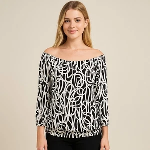 Top Anne Klein Negro Blanco Abstracto Hombro Elástico Tejido Talla Pequeña - Imagen 1 de 7