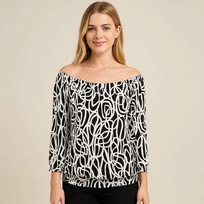 Anne Klein Black White Abstract Off Shoulder Stretch Knit Top Size Small - Image 1 of 4