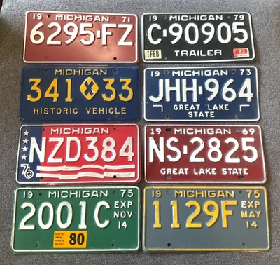 РЕДКИЙ ЛОТ ИЗ 8 НОМЕРНЫХ ЗНАКОВ MICHIGAN МНОГО ВАРИАЦИЙ 1969 1973 1975 1976 1971 - Изображение 1 из 3
